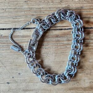 MONET heavy charm bracelet silvertone chunky double curb link bracelet 70's